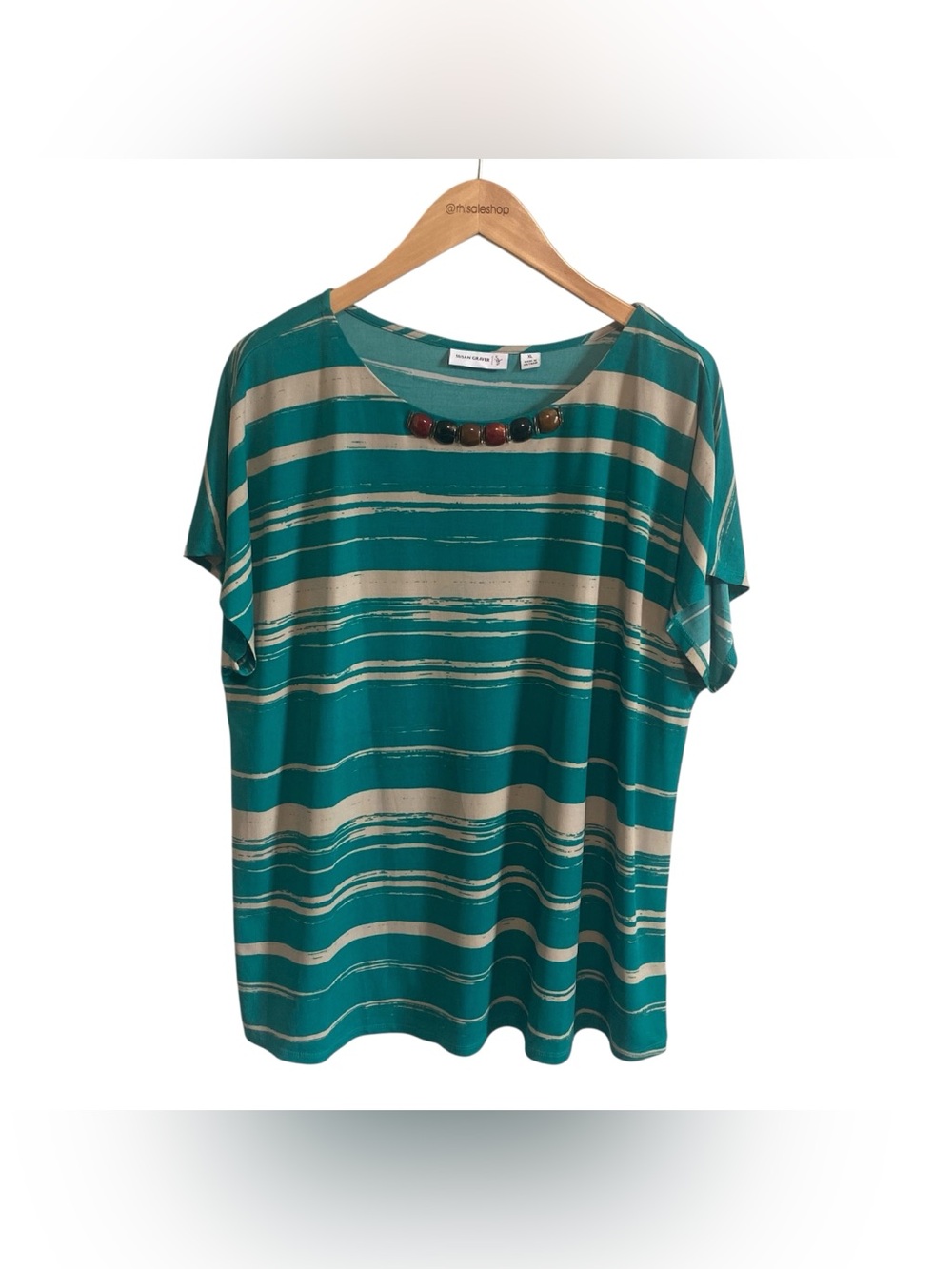 Susan Graver Teal and Tan Stripe Beaded Neck Short Sleeve Liquid Knit Top XL